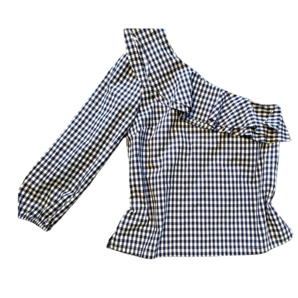 J. Crew Off the Shoulder Gingham Cotton Ruffle Shirt 4 Peasant Asymmetrical